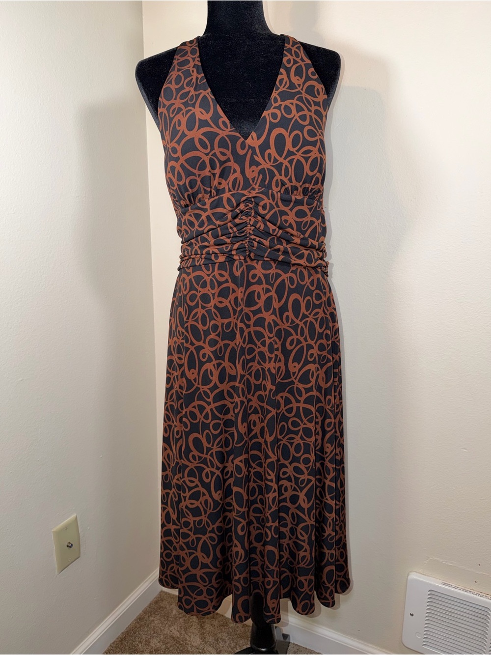 Vintage Y2K Dressbarn Brown Retro Pattern Halter Midi Dress Cinched Whimsy Party